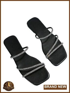 Glitter Rhinestone Strappy Flat Sandals Square Open Toe Faux Leather